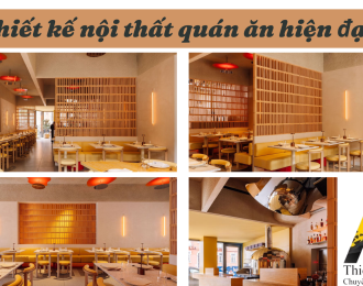 Mẫu quán ăn hiện đại, trẻ trung với không gian vàng cam nổi bật