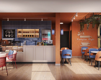 Gợi ý thiết kế quán cafe nhỏ đẹp, phối màu cam xanh tinh tế 
